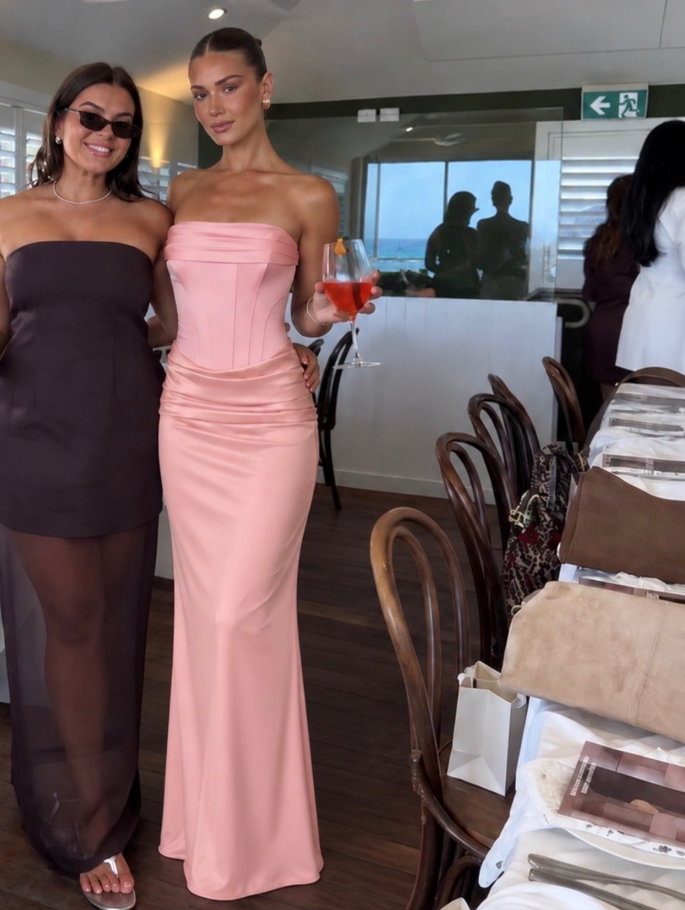 Mare Mare Odette Strapless Corset Satin Maxi Dress Peach Pink NWT Small